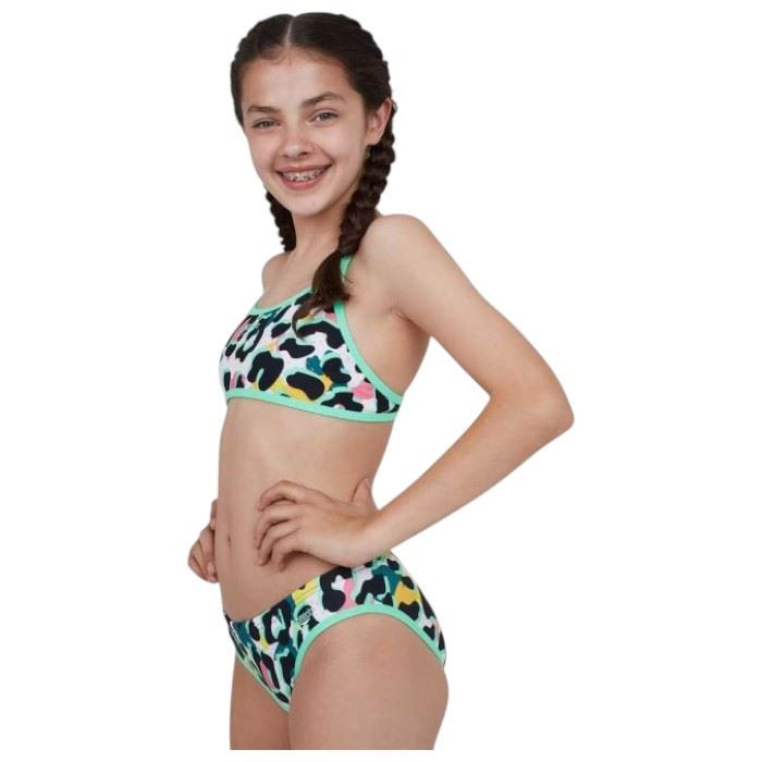 Speedo Girls Junglespeak Allover Tie 2 Piece Bikini Black/White/Green